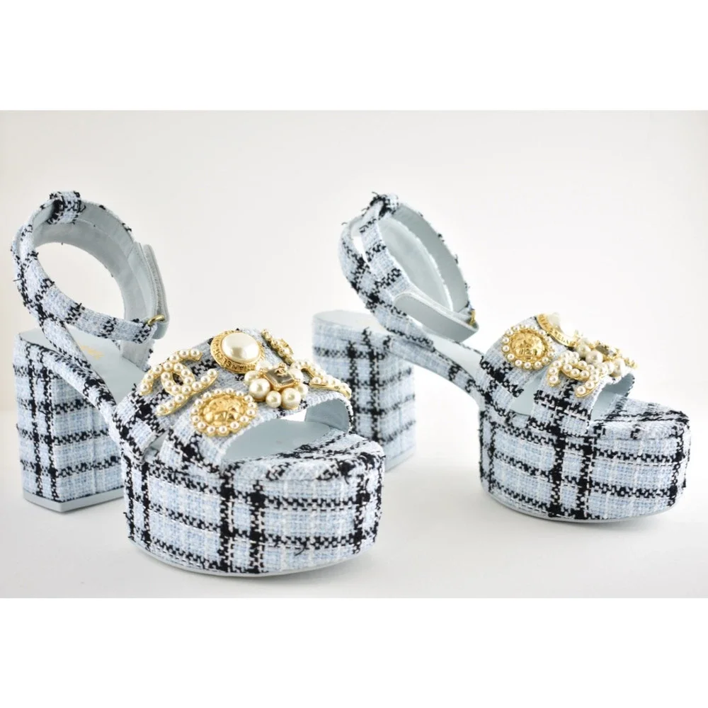 Chanel 25S Blue Black Tweed Pearl CC Logo Platform Strap Block Heel Sandal 40